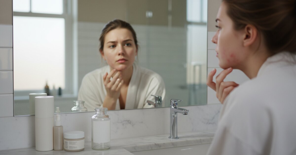 Žena s brigom gleda svoju kožu s bočicama cink suplemenata u prvom planu