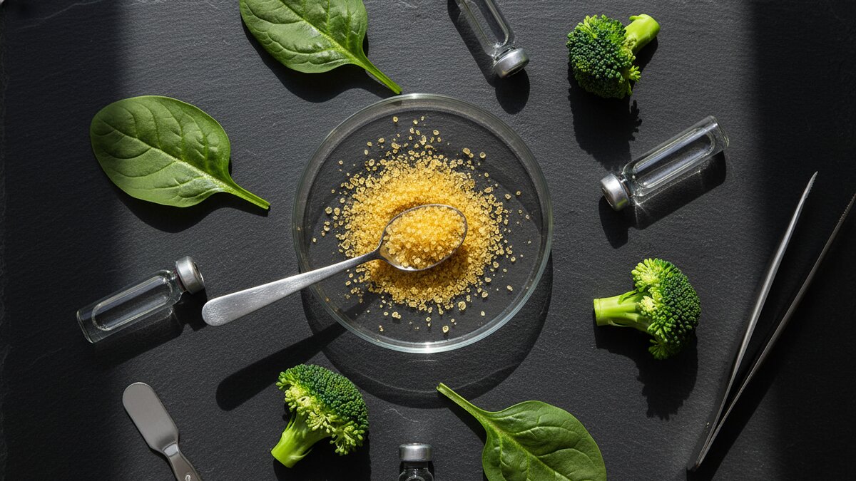 Alfa lipoična kiselina kapsule - prozirne kapule s antioksidansima, drvena površina, prirodni čaj i zdrava hrana u pozadini