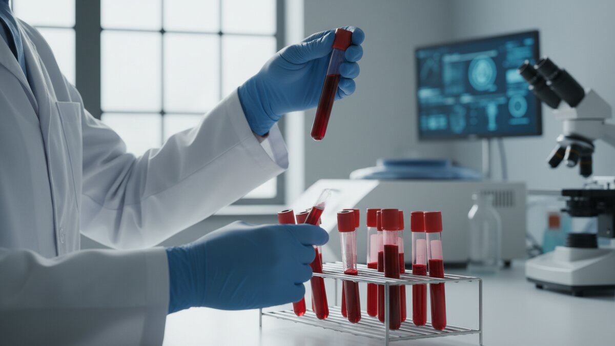 Medicinsko testiranje teških metala - liječnik drži epruvete sa uzorcima krvi i urina, laboratorijski uređaj za analizu u pozadini