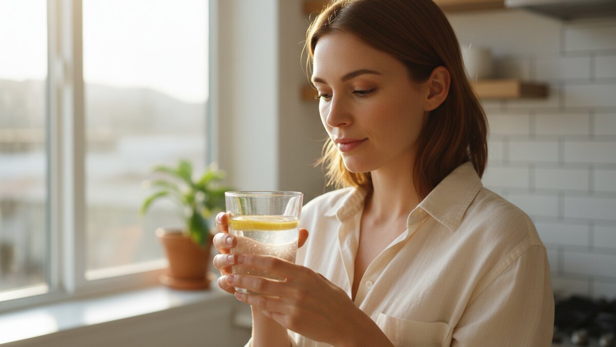 Osoba drži čašu vode s limunom okružena svježim povrćem - blitva, brokula, krastavci i jabuke na bijelom stolu, simbol prirodne detoksikacije tijela