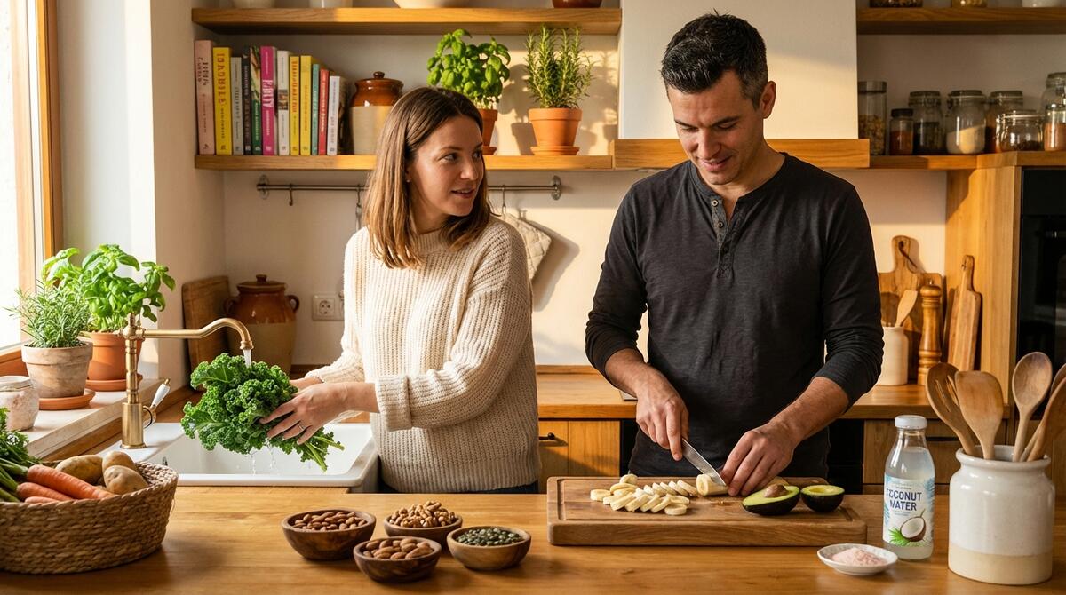 Elektroliti i minerali - svježe povrće bogato elektrolitima, čaša vode s limunom i mineralne soli na drvenom stolu