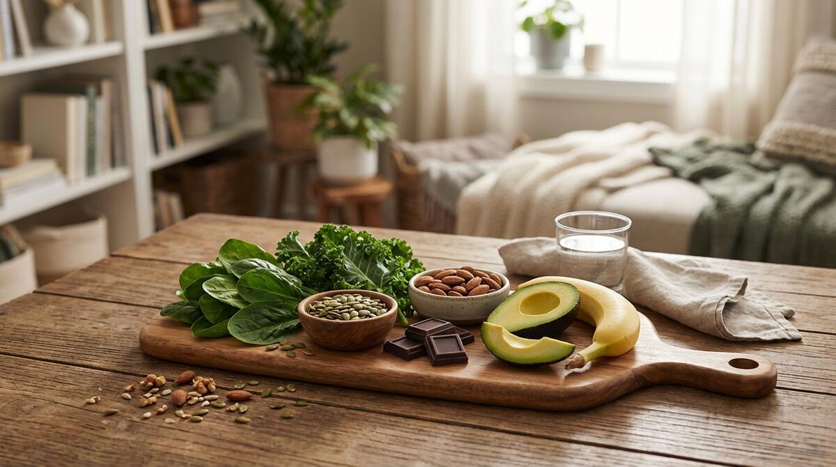 Magnezij apsorpcija - kapsule magnezija raspoređene u tri manje grupe na drvenom stolu uz čašu vode i zeleno lisnato povrće