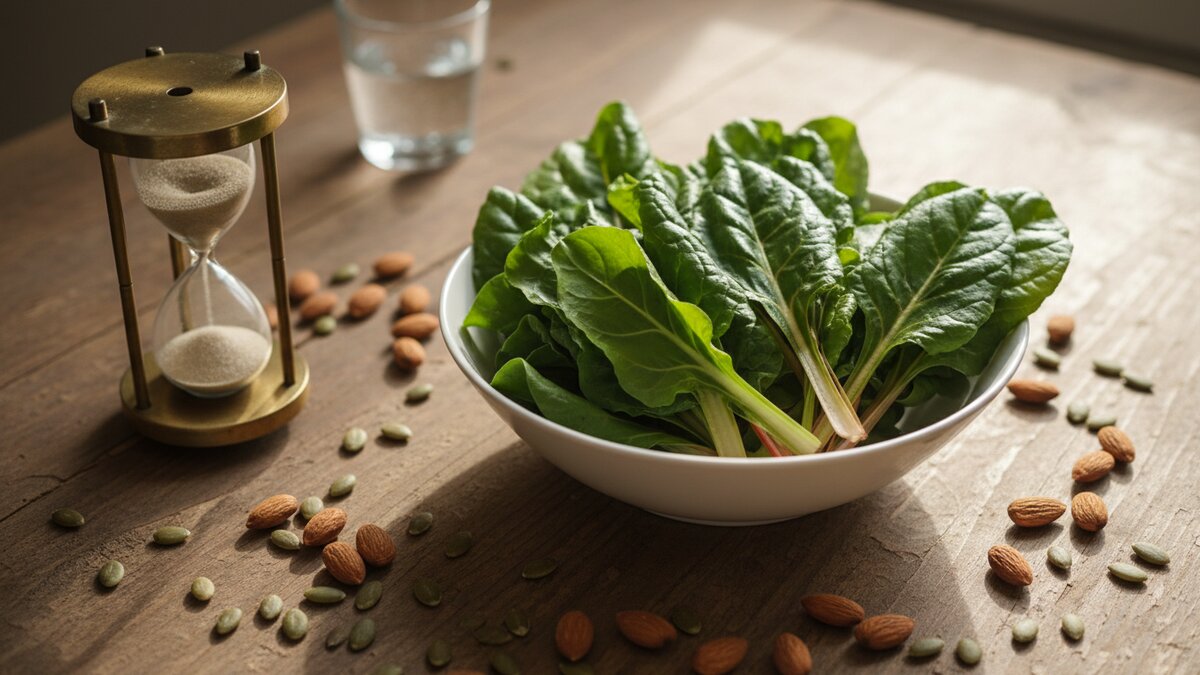 Magnezij bogate namirnice - tamno zeleno lisnato povrće, quinoa, bademi, tikve sjemenke i avokado na drvenom stolu