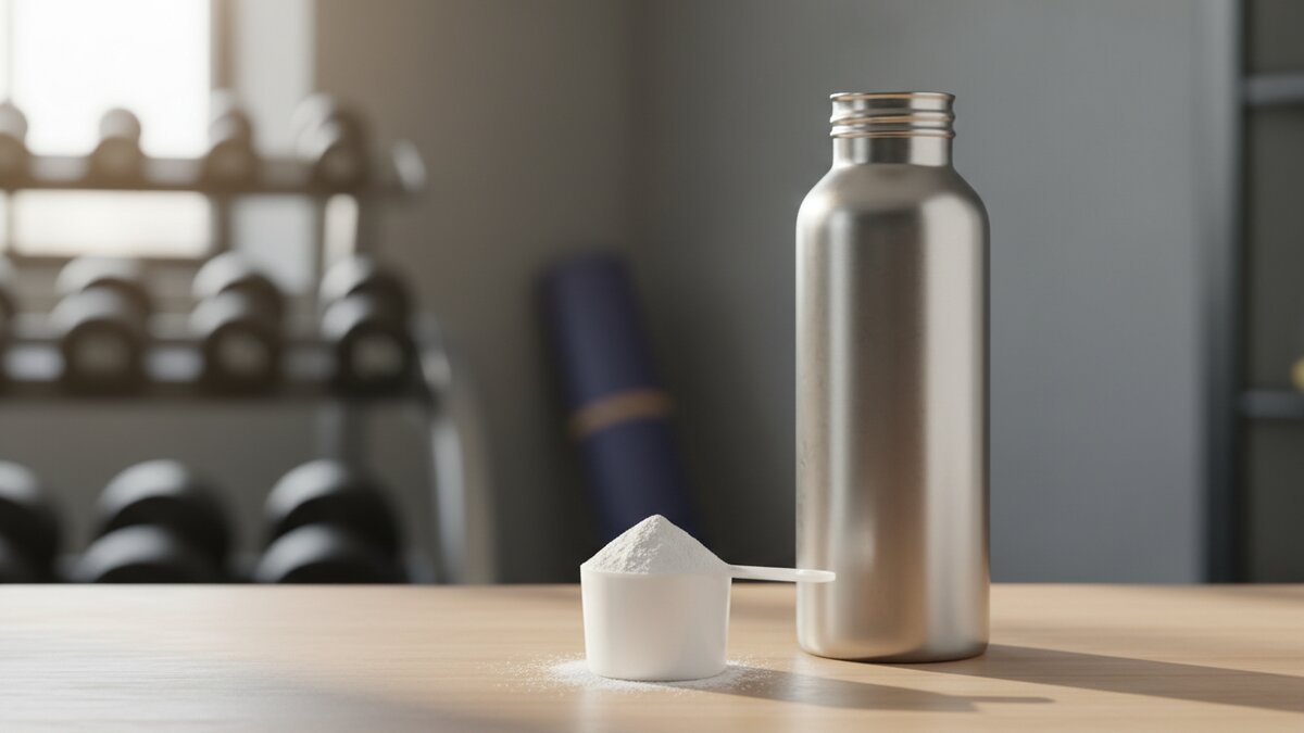 Bijeli prah kreatina na lopatici s mjernom žlicom na tamnoj pozadini - kreatin suplement monohidrat