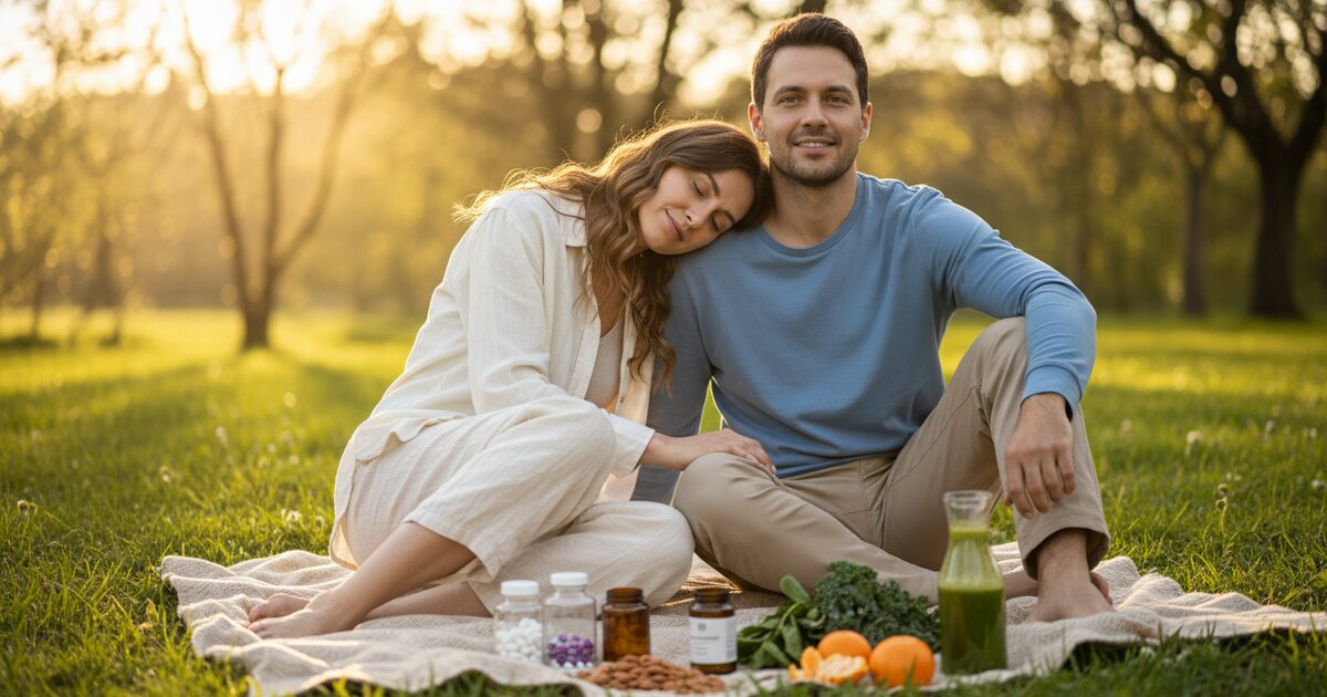Osoba s kroničnim umorom leži na kauču, okružena nutritivno bogatom hranom - tamno zeleno lisnato povrće, orašasti plodovi, citrusi i suplemente vitamina