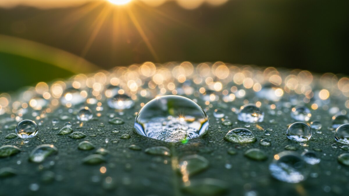 NAC N-acetilcistein - makro fotografija kapljica rose na zelenom lišću sa sunčevim svjetlom, simbolizira staničnu obnovu i detoksikaciju