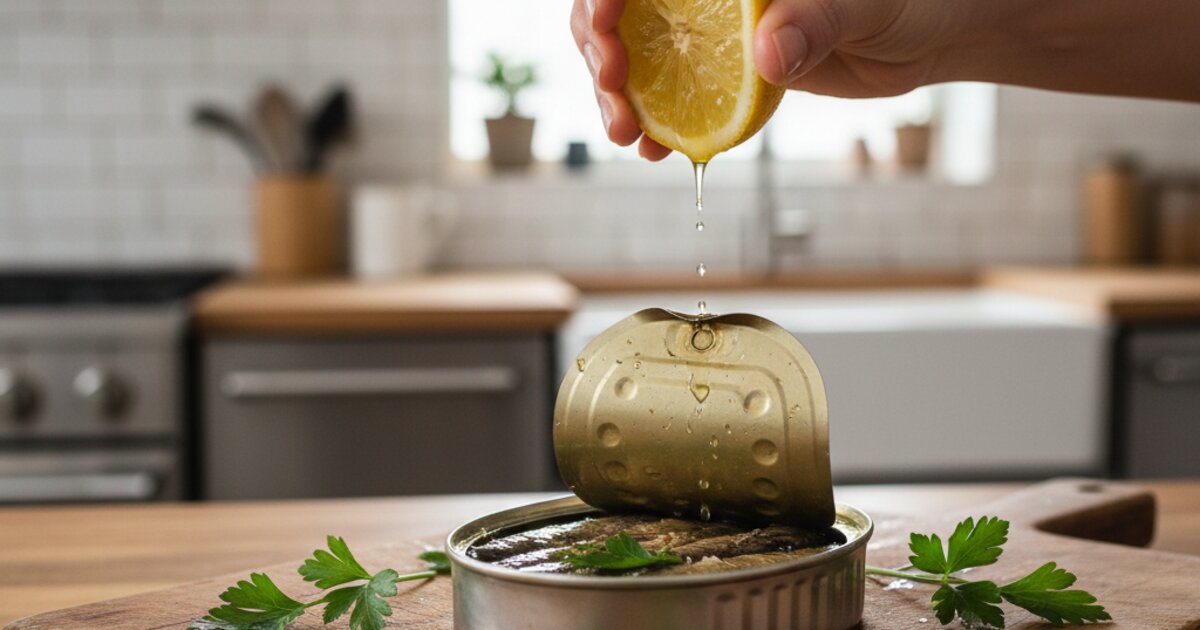 Konzervirane sardine s omega-3 masnim kiselinama - otvorena konzerva svježih sardina, avokado, orašasti plodovi i tamno lisnato povrće