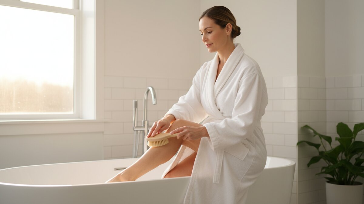 Drvena četka s prirodnim vlaknima na mekom bijelom ručniku, pripremljena za ritual suhog četkanja kože