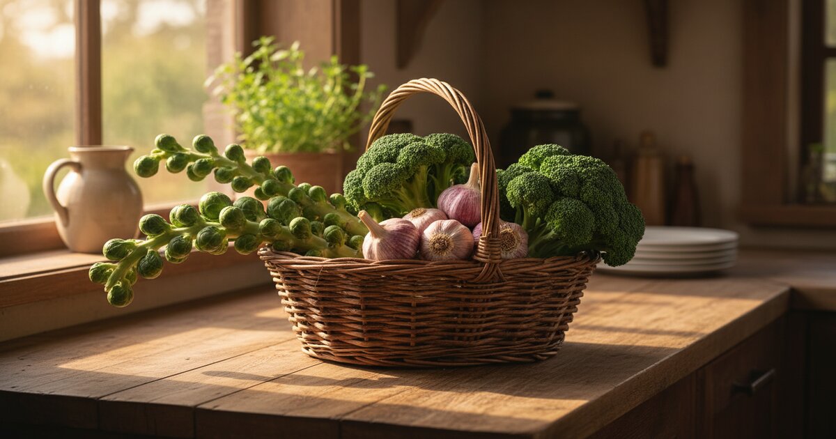 Hrana bogata sumporom - brokula, prokulice, češnjak, crveni luk, jaja i kupus na drvenom stolu