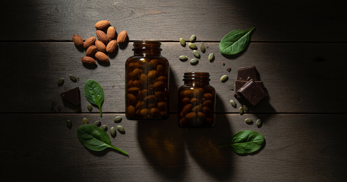 Suplementi vitamina D, kalcija, kreatina i B vitamina na stolu s povrćem bogatim magnezijem - špinat, bademi, avokado