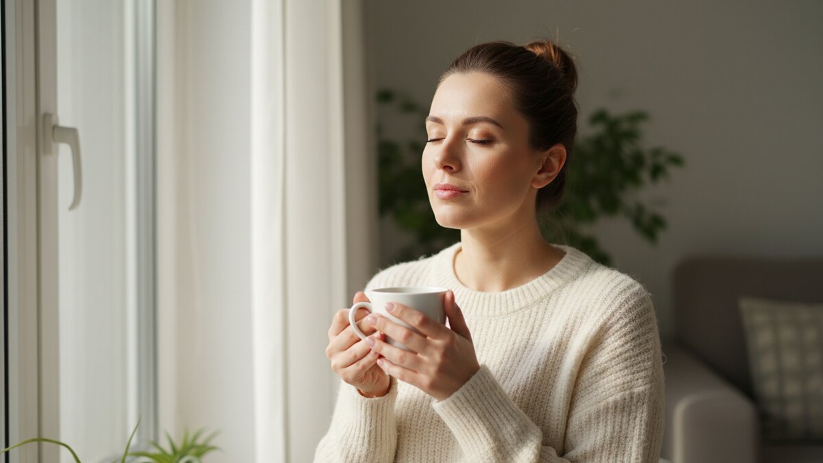 Osoba meditira mirno u prirodi - sjedeća meditacija u miru s fokusiranošću i opuštenom pozom