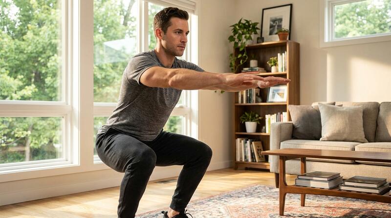 Muškarac izvodi čučanj kod kuće - aktivna vježba za smanjenje ukočenosti mišića