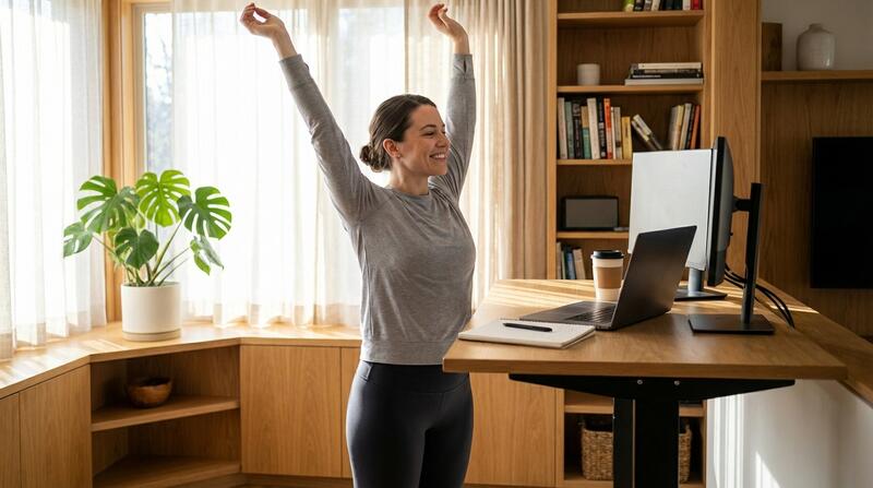 Žena radi stojece istezanje pored radnog stola - primjer aktivne pauze od sjedenja