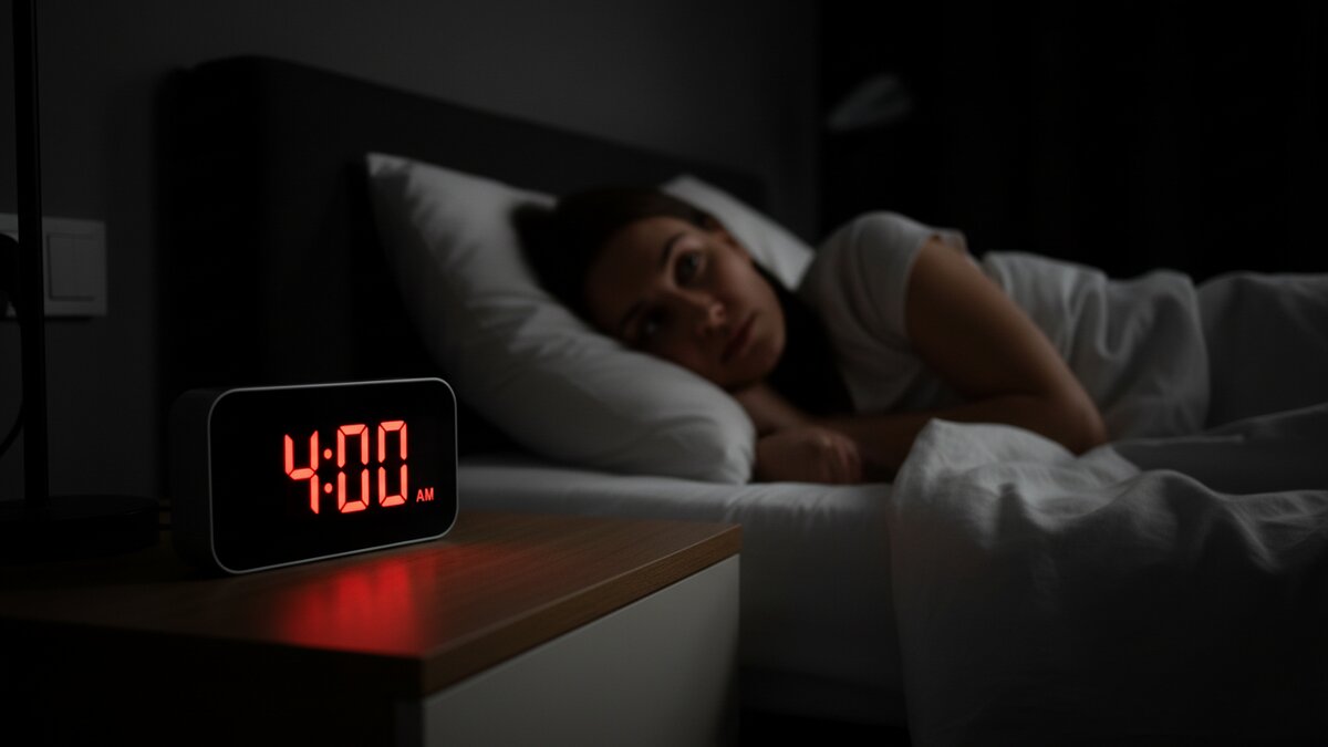 Žena budna u krevetu u 4 ujutro, gleda na budilicu koja pokazuje rano jutarnje vrijeme